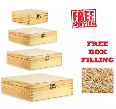 Natural Finish Wooden Storage Box DIY Keepsake With Lid And Locking Clasp /Sizes • £12.06