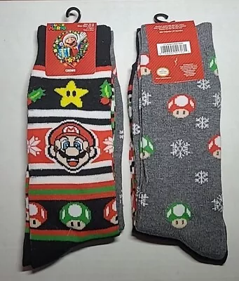 2 New Pairs Super Mario & Mushroom Christmas Crew Socks - Shoe Size 6.5-12 (a1) • $12.99