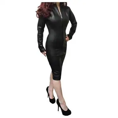 Halloween Womens Misfit Black Leather Zip Pencil Lambskin Mistress Dress -HWD003 • $158.26