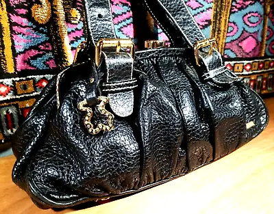 Tous Teddy Bear Charm Black Leather Bling Clasp Handbag Purse Gold Metal Lining • $96.55