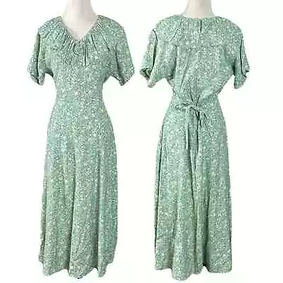 Vintage 80s Ellen Ashley Midi Dress 8 Jade Cream Spring Floral Peter Pan Collar • $31.20