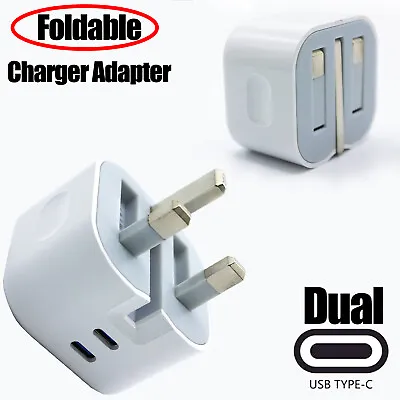 Mains 3 Pin Plug Adapter Wall Charger Dual Type-C Pots For Laptop IPad Phones • £5.99