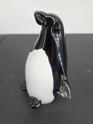 Murano Style Hand Blown Glass Penguin 6” Heavy Black White Clear Bottom • $24.94