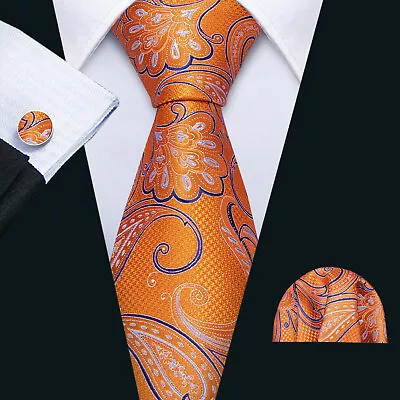 Men's Tie Silk Classic Wedding Necktie And Pocket Square Cufflinks Set Paisley • £11.99