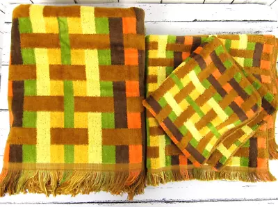 Vintage Cannon Monticello 3pc Towel Set Avocado Green Gold Orange Basketweave • $33.15