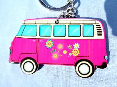 Camper Van Keyring Pink With Flowers Laminated Dense Plastic Strong • £3.45