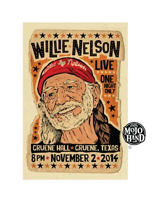 $25 • Buy Willie Nelson Concert Poster - 2014 - Gruene Hall, Texas