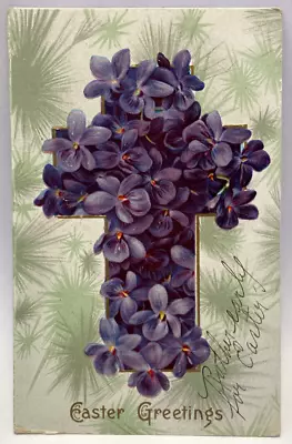 Purple Floral Cross Easter Greetings Vintage Holiday Embossed Postcard • $3.65