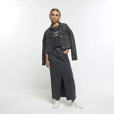 River Island Womens Maxi Skirt Petite Grey Denim Split Hem Belt Loops 5 Pockets • £16