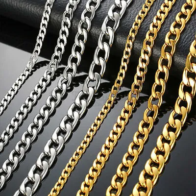 Mens Women Gold Silver Necklace Stainless Steel Cuban Curb Link Chain Necklace • £3.99