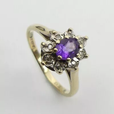 Fine 9ct Gold Amethyst & Diamond Ring Size K 1/2 - 2.2 Grams • £76