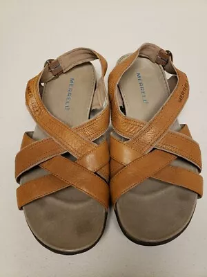 Merrell Bassoon Sandals Sz 9 Light  Brown Leather Tan Comfort Strappy Shoes • $16.93