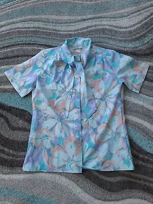 Vintage Womens Secretary Kitten Bow 80s Blouse Medium Blue Floral  • $9.94