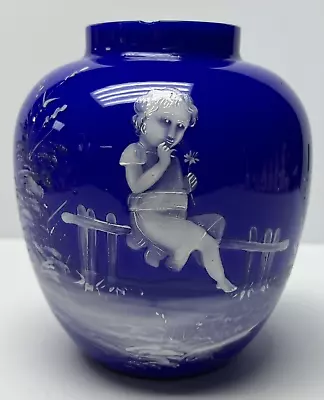 Victorian Cobalt Blue Cased Glass Vase Hand Painted Mary Gregory AS-IS • $35