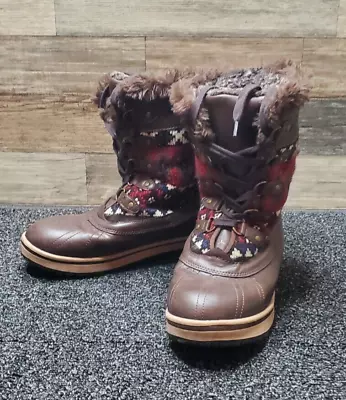 Muk Luks Women's 8 Brown Winter Boots Lace Up Aztec Print Faux Fur! • $24.99