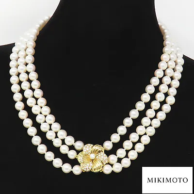 NYJEWEL Mikimoto 18K Gold Akoya Pearl Diamond Floral Choker Necklace W Paper • $13995