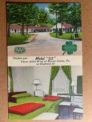 Linen Postcard Mount Union PA - Motel-22 On Highway 22 Shamrock • $5