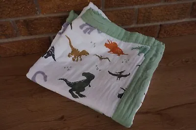 BABY Blanket Aenne LARGE Muslin DINOSAUR Print Layer Cotton White GREEN **READ** • $19.99