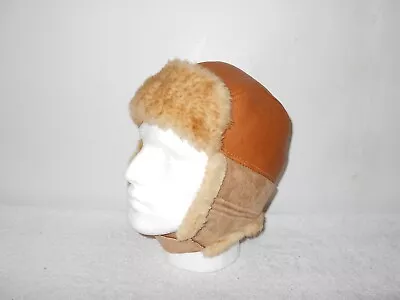 Made In Usa Vtg 80's Mens Large Caramel Leather & Shearling Trapper Hat        • $14.99