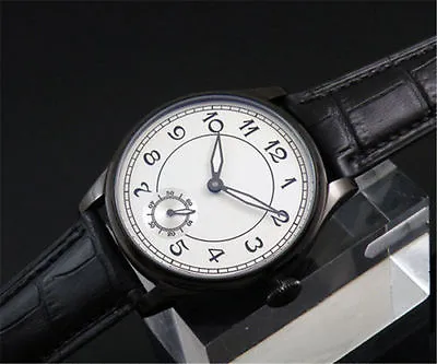 $89 • Buy 44mm Parnis Black Leather Strap Men Vintage Hand Winding Watch PVD Coated Case 