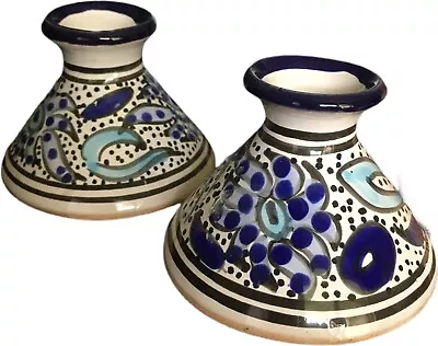 Pair Of Hand-painted Moroccan Tagine Tops Blue & White Floral Pottery READ • $10