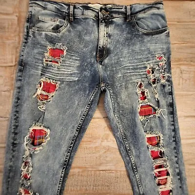 FWRD Denim Jeans Men's 38x32  Distressed Destroyed Plaid Patch Grunge Hip Hop • $39.95