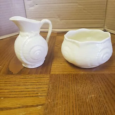 Vintage Belleek Open Sugar Bowl & Creamer Sea Shell Design #0857 • $16