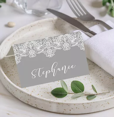 PERSONALISED Place Cards Wedding Name Meal Table Setting Grey Lace Effect PC25 • £21