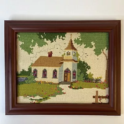 Vintage Needlepoint COMPLETED Of Country Church Faux Wood Frame 11 X 9 Inches • $24.99