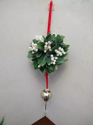 Vintage CHRISTMAS Plastic MISTLETOE Ball Hanging W/ Red Ribbon & Jingle Bell • $19.90