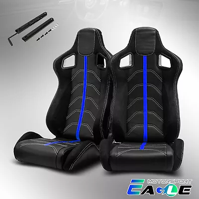 JDM Universal Black PVC Blue Line Reclinable Racing Seats Left&Right W/Slider • $285.98