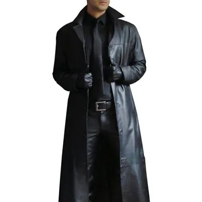 Men Leather Trench Pu Long Coat Single Breasted Slim Lapel Windbreaker Jacket • $35.70