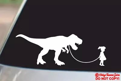 GIRL WALKING A TYRANNOSAURUS REX Vinyl Decal Sticker Car Rear Window Bumper TREX • $2.99