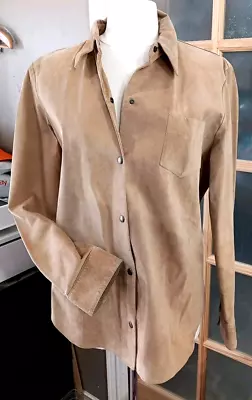 Vintage Suede Leather Shirt Jacket Beautiful Hide City DKNY Tan Brown Snap Sz 16 • $63.85