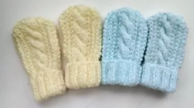 2 Prs Hand Knitted Baby Mittens Lemon Pale Green Newborn BNWOT • £2.25