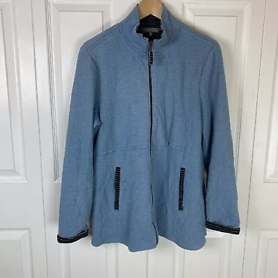 Habitat M Jacket Sweater Cardigan Full Zip Blue Gauze Stripe Mock Neck Lagenlook • $29.99