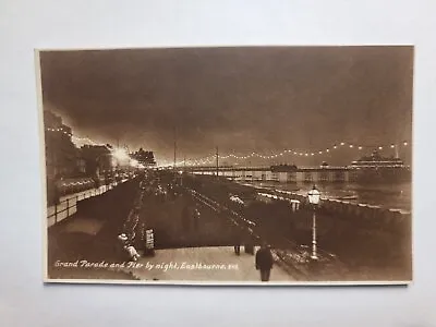 Eastbourne Postcard C1920 Real Photo Parade & Pier By Night Illuminations Sussex • £5.95