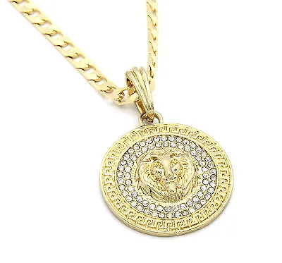 Medallion Pattern Lion Gold Plated Cubic-Zirconia 24  Cuban Curb Chain Pendant • $16.99