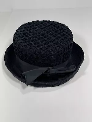 Sonni San Francisco Vintage Bow Hat Women’s Black Wool Crochet Over Wool Derby • $24.99