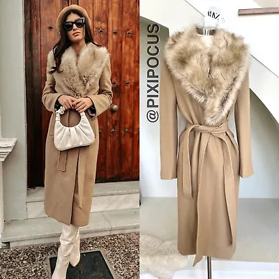 $215 • Buy Zara New Fur Collar Manteco Premium Wool Coat + Belt Tan / Camel | All Sizes