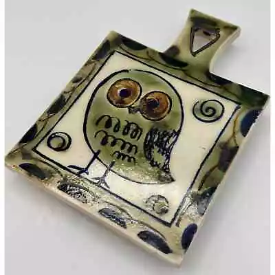 Vtg Art Pottery Trivet Owl Mod Green Blue Boho 1970s Footed Small Retro • $18.99