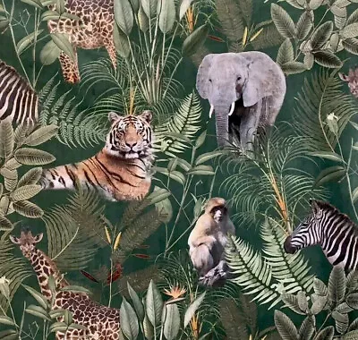 Safari Velvet Printed Fabric Green Tropical Tiger Elephant Giraffe Monkey • £42.71