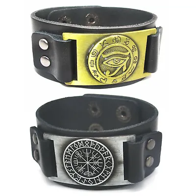 Viking Leather Bracelet Pirate Compass Runes Cuff Wristband Egyptian Eye Of Horu • $8.92