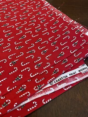 Vintage Cranston Christmas RED Quilt Cotton Fabric Small Scale Tiny CANDY CANES • $6.50