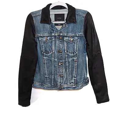 Veda X Madewell Denim Jacket XS Leather Long Sleeve Collar Trucker Biker Pockets • $35.74