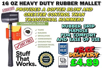 RUBBER MALLET HAMMER 16oz HEAVY DUTY SHAFT CAMPING RUBBER GRIP TOOLS DIY SOLID + • £4.89