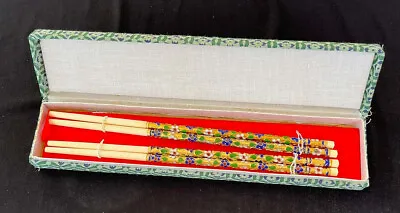 2 Pairs Vintage New In Box Chinese Gold Cloisonne Bone Enamel Chopsticks Mint • $30