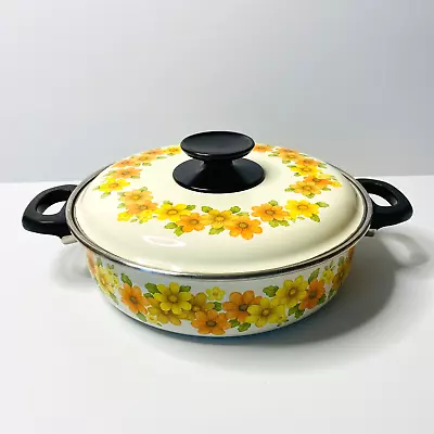 Noritake Japan Enamel Saucepan Pan Pot Floral Yellow Orange Flowers Vintage 25cm • $19.99