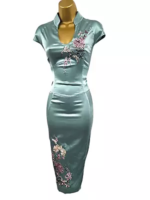 KAREN MILLEN UK 14 (US 10) Vintage Green Silk Oriental Embroidered Pencil Dress • £94.99