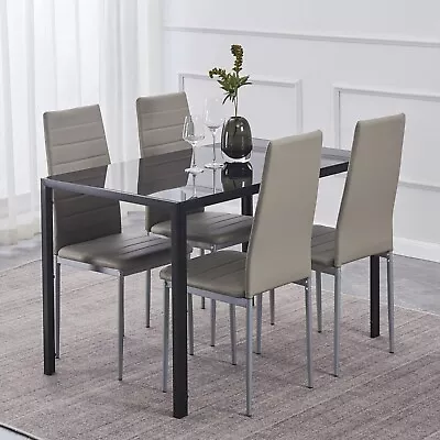 4x Gray Faux Leather Padded Dining Chairs&Black Tempered Glass Dining Table Set • $219.99